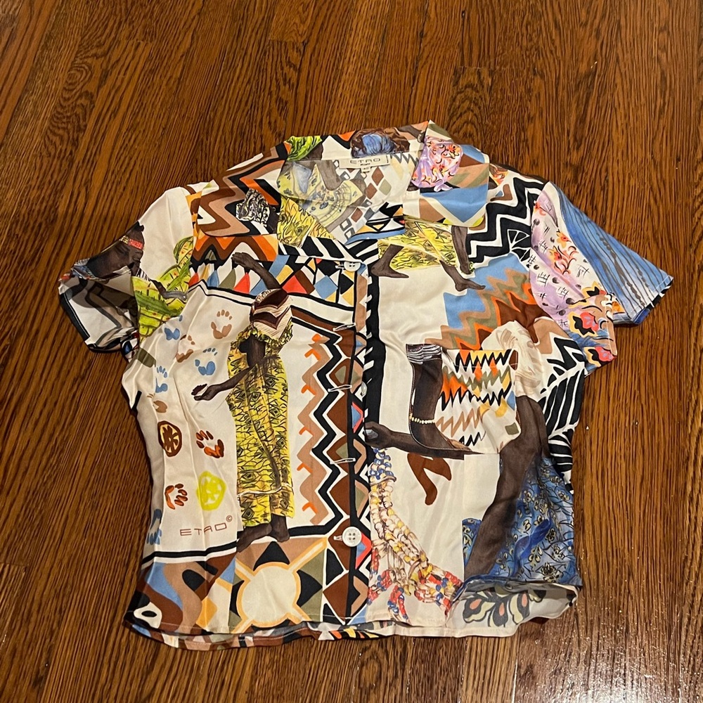 Etro Multicolor Graphic Patchwork Crop Top in Cream, Black, Blue, Yellow